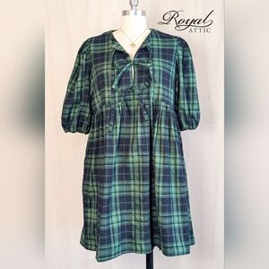 One Loved Babe Green & Blue Plaid Flannel "Pine For You" Puff Sleeve Dress